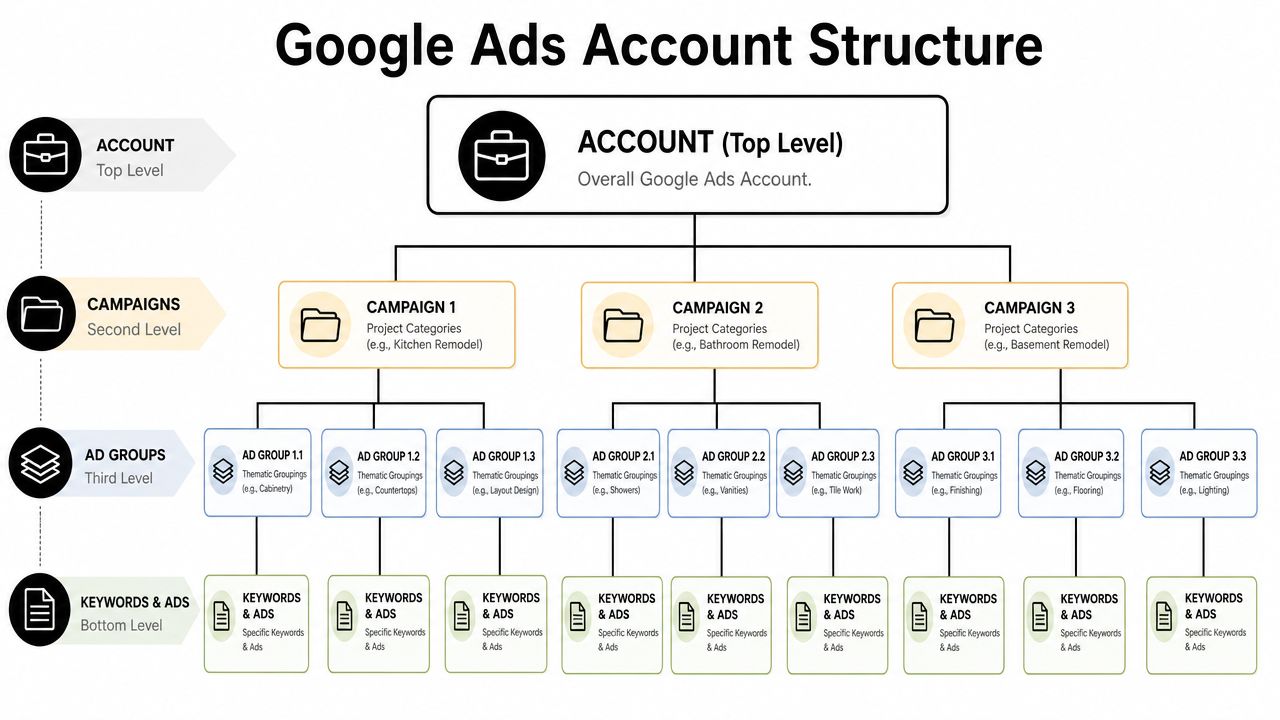 A hierarchical flowchart illustrating the four-level structure of a Google Ads account for construction businesses.