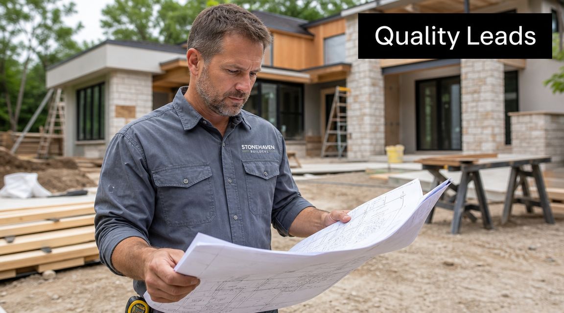A professional building contractor in a grey shirt reviewing architectural blueprints at a construction site.