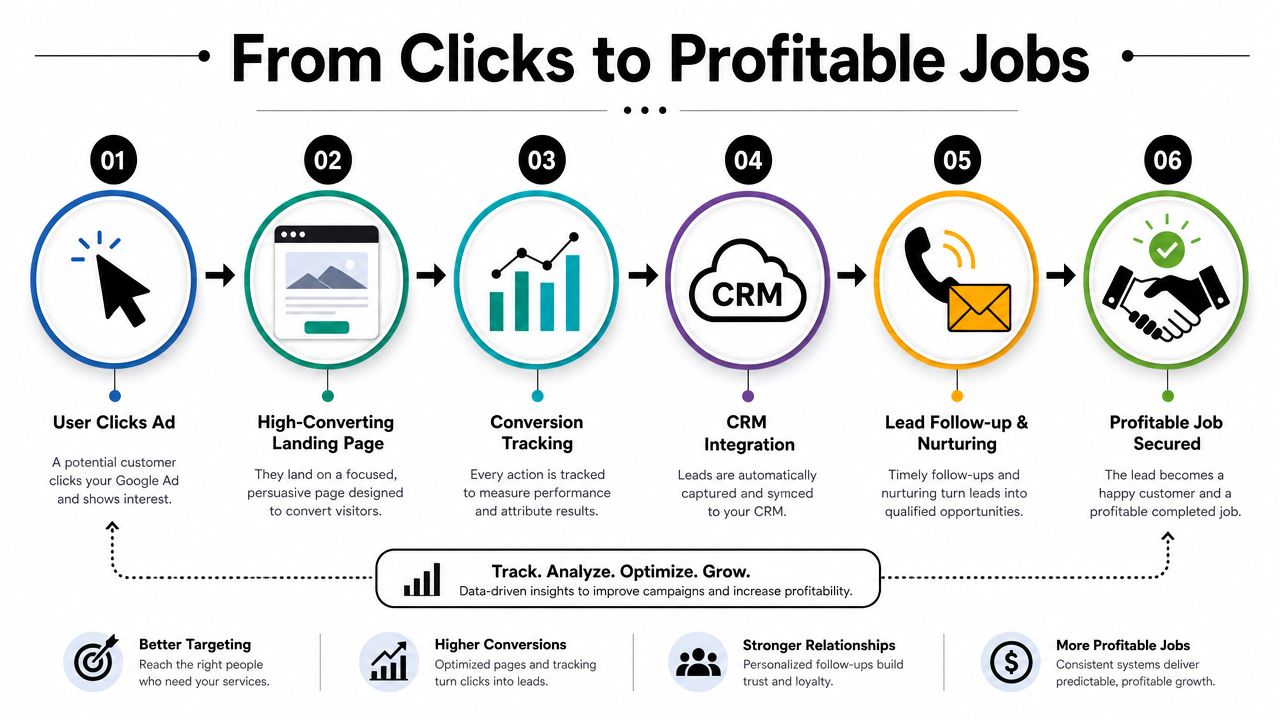 A six-step infographic illustrating the process from Google Ad clicks to securing profitable contractor jobs.