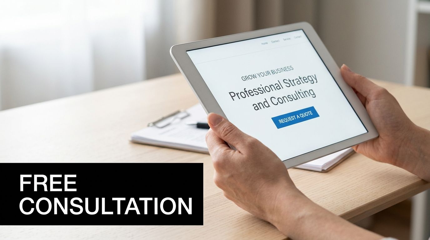 A person holding a tablet showing a professional business strategy and consulting landing page for consultation.