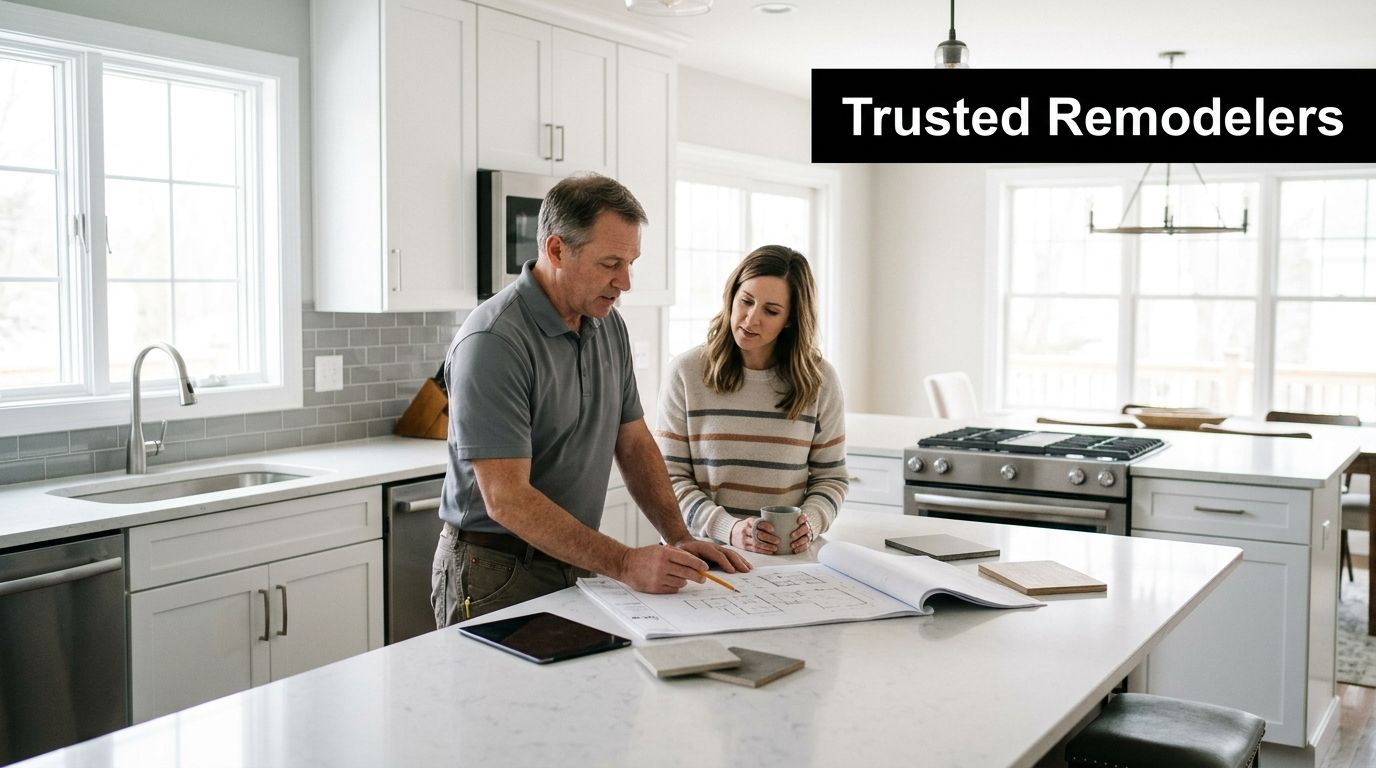 A professional contractor and a homeowner reviewing architectural blueprints together at a kitchen island during a consultation.