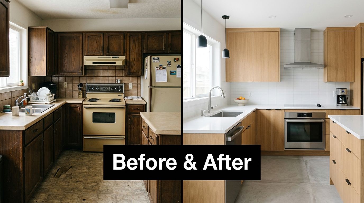 A split image showing a dark, dated kitchen transformation into a bright, modern, minimalist kitchen space.