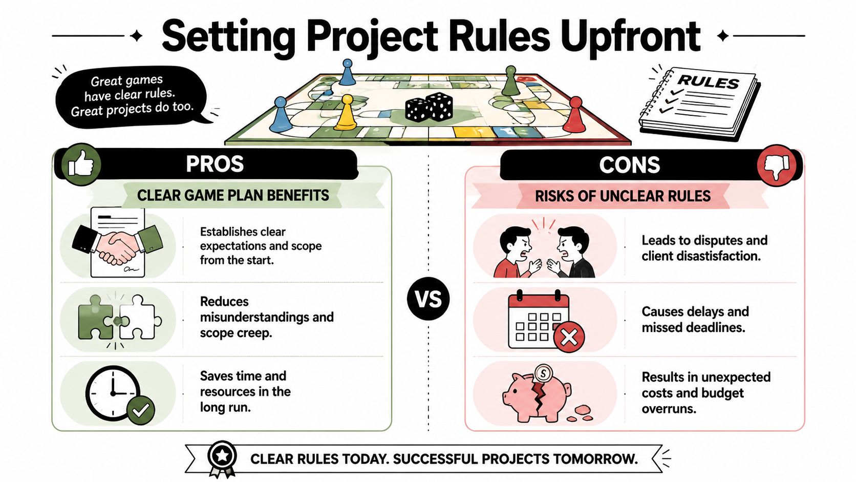 An infographic comparing the pros and cons of setting clear project rules and expectations with clients.
