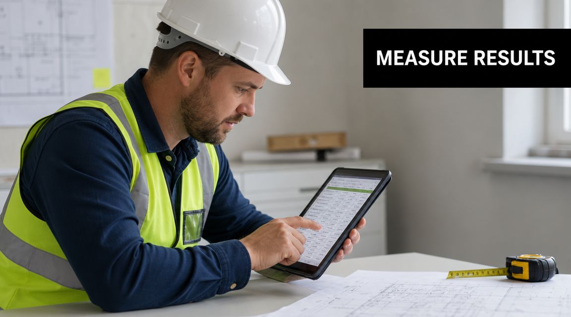 Construction manager in a hard hat reviews project data on a digital tablet at a desk.