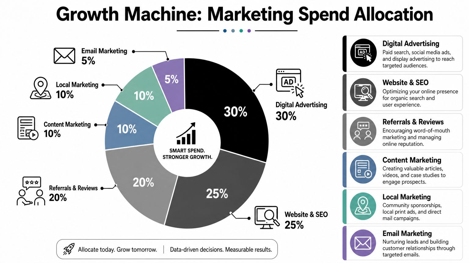 A pie chart displaying a strategic marketing budget allocation model for small business growth strategies and advertising.