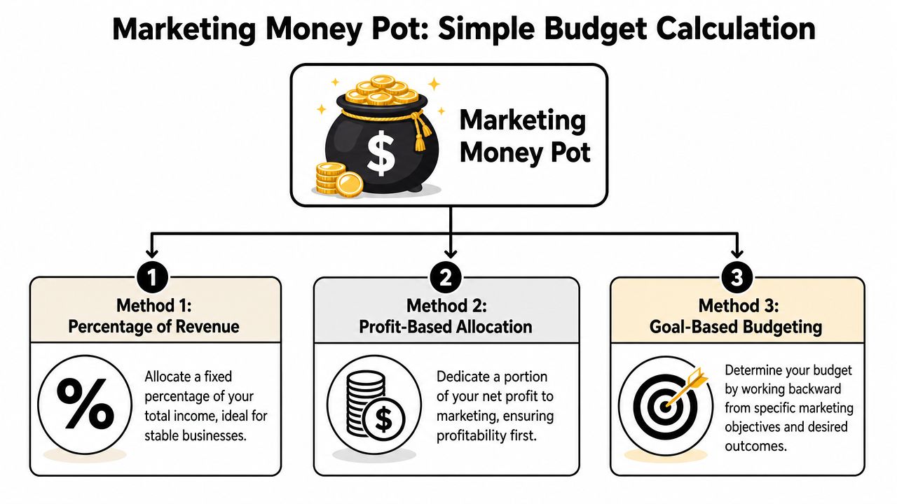 An infographic titled Marketing Money Pot showing three methods for calculating a small business marketing budget.