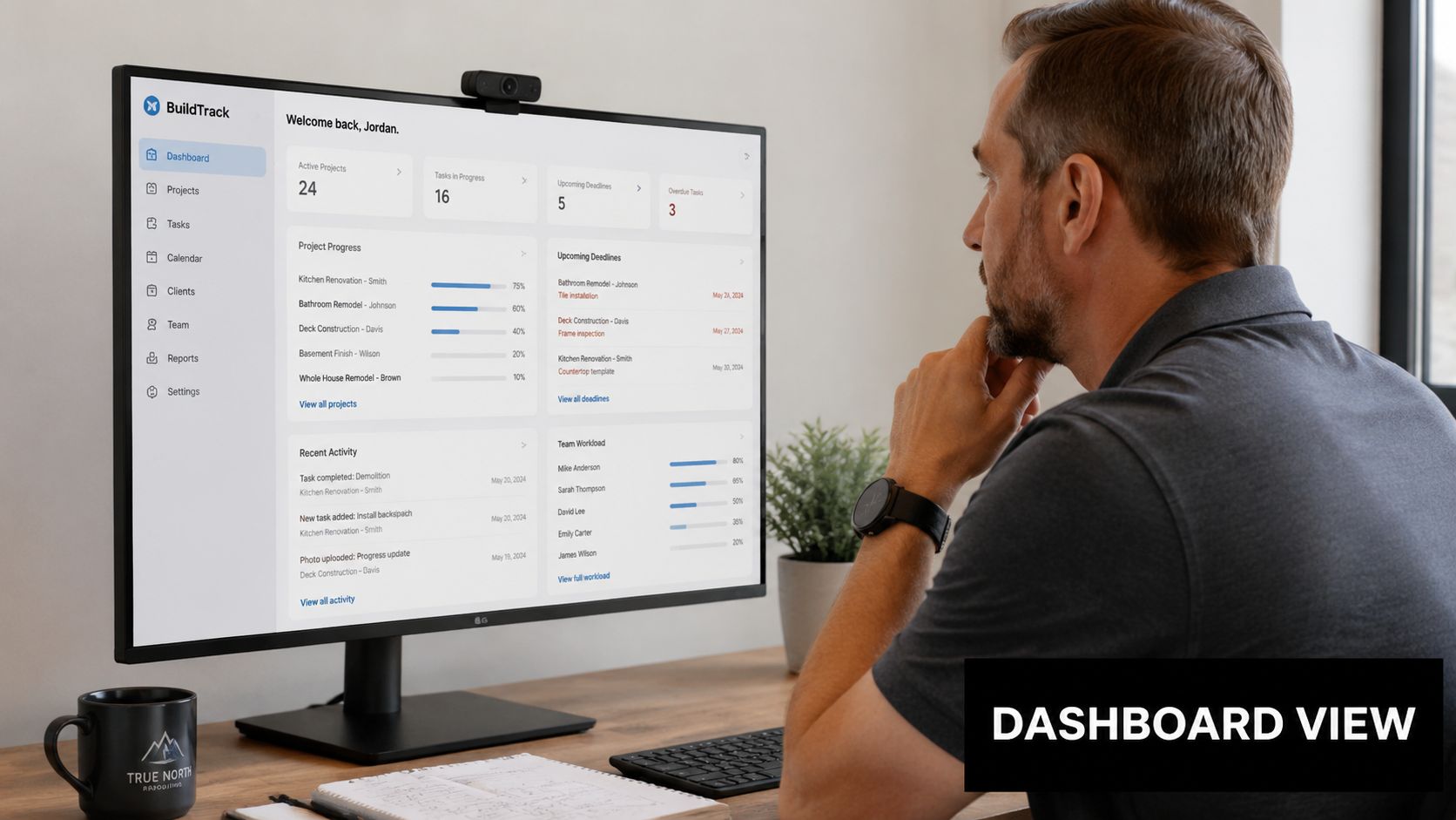A professional man looking at a project management KPI dashboard on a desktop computer screen.